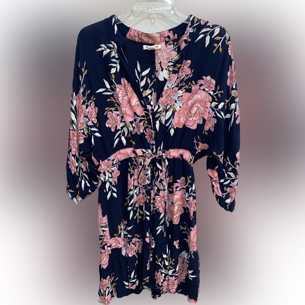 Billabong Floral Your Love V-Neck Dress Navy Blue Pink Size Small